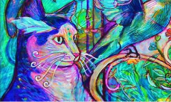 Watercolor painting of cat with abstract background
